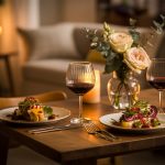 Romantic dinner table for two with candles, wine glasses, and beautifully plated meal in cozy home setting