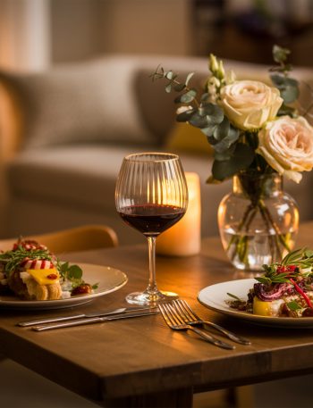 Romantic dinner table for two with candles, wine glasses, and beautifully plated meal in cozy home setting