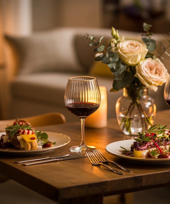 Romantic dinner table for two with candles, wine glasses, and beautifully plated meal in cozy home setting