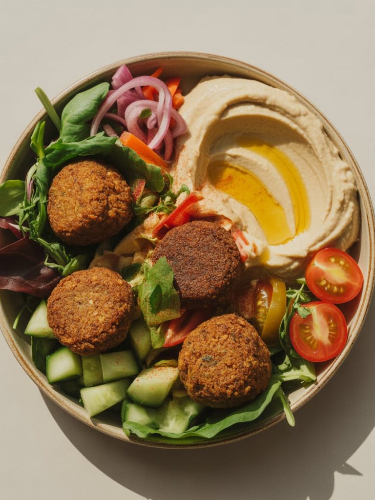 Vegan falafel bowl with hummus, vegetables, and tahini sauce