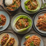 Various ground pork dinner recipes displayed on wooden table including Asian pork bowl, lettuce wraps, and pasta dishes