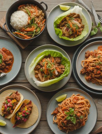 Various ground pork dinner recipes displayed on wooden table including Asian pork bowl, lettuce wraps, and pasta dishes