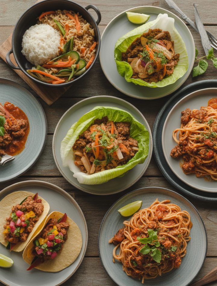 Various ground pork dinner recipes displayed on wooden table including Asian pork bowl, lettuce wraps, and pasta dishes