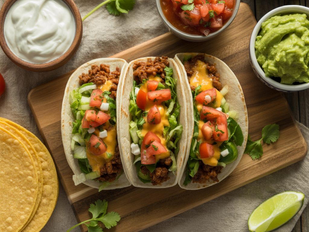 Fresh tacos with seasoned beef, lettuce, cheese, tomatoes and assorted toppings on wooden board