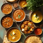 Colorful spread of easy Indian dinner recipes including curries, dal, and vegetables arranged on a wooden table with rice and naan bread