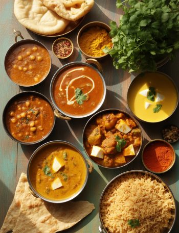 Colorful spread of easy Indian dinner recipes including curries, dal, and vegetables arranged on a wooden table with rice and naan bread