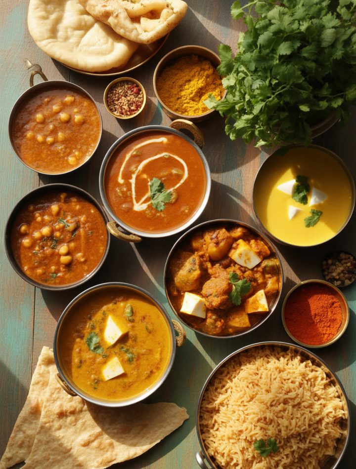 Colorful spread of easy Indian dinner recipes including curries, dal, and vegetables arranged on a wooden table with rice and naan bread
