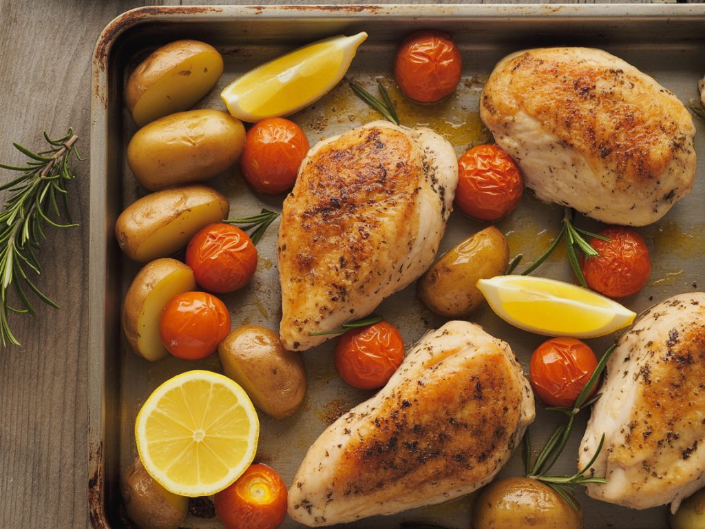 Baked lemon herb chicken breast with cherry tomatoes and baby potatoes on sheet pan