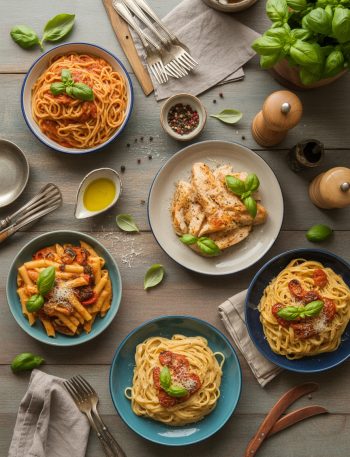 Assortment of easy pasta dinner recipes displayed on wooden table with various colorful sauces and fresh garnishes