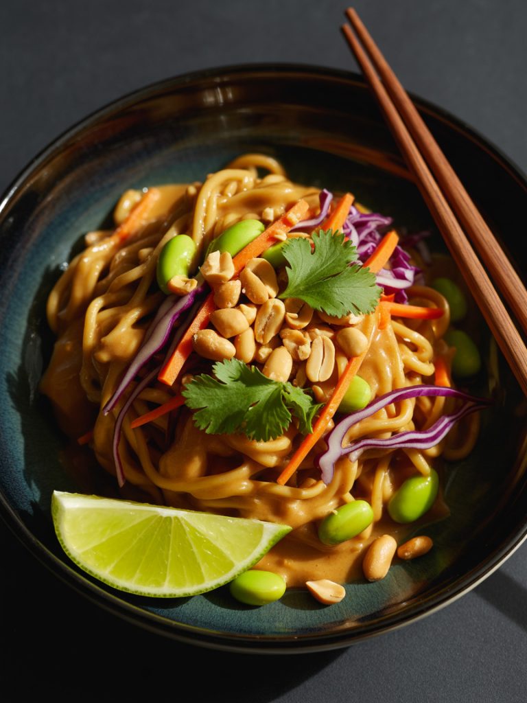 Simple vegan peanut noodles with colorful shredded vegetables and peanut sauce