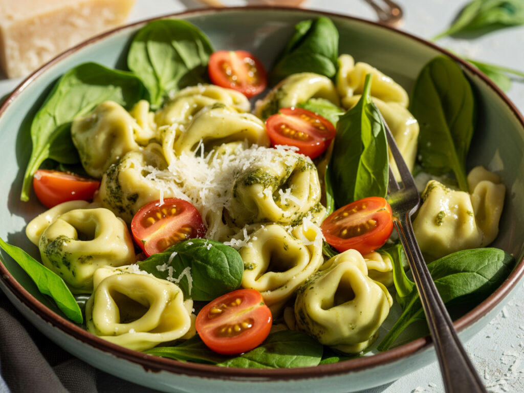 Bowl of cheese tortellini tossed in pesto sauce with cherry tomatoes and fresh spinach