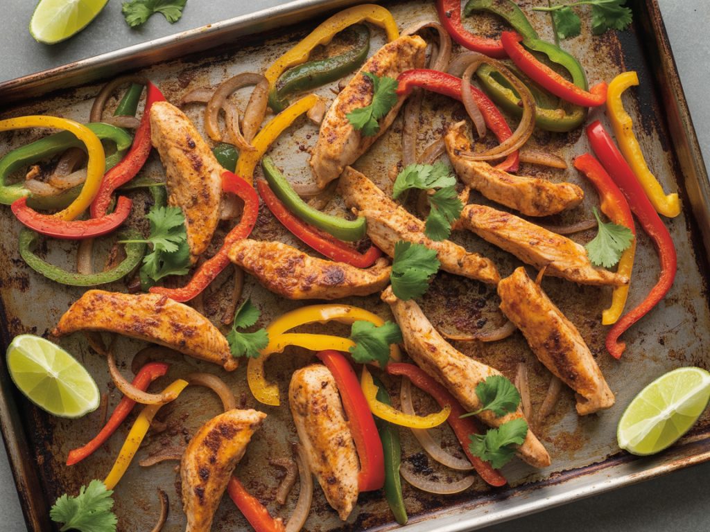 Sheet pan chicken fajitas with colorful bell peppers, onions, and Mexican seasoning