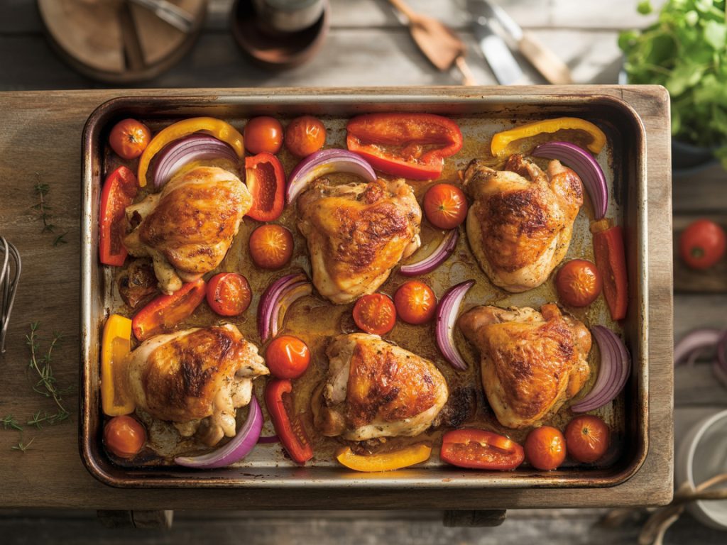 Sheet pan dinner with roasted chicken thighs, cherry tomatoes, bell peppers and onions fresh from the oven