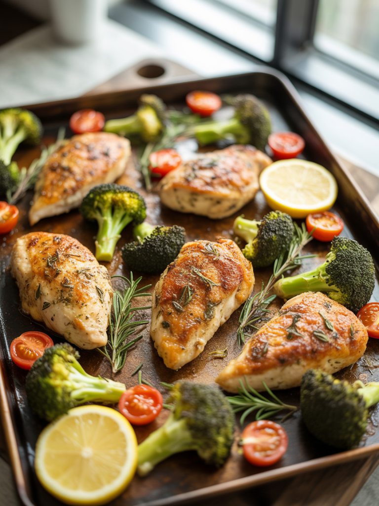 Sheet pan lemon herb chicken with roasted broccoli and cherry tomatoes on a baking tray
