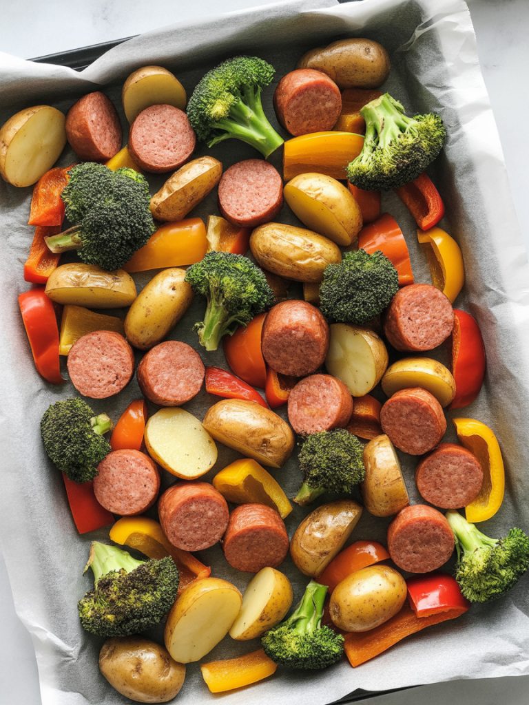 Sheet pan dinner with sliced sausage, roasted potatoes, broccoli and colorful bell peppers