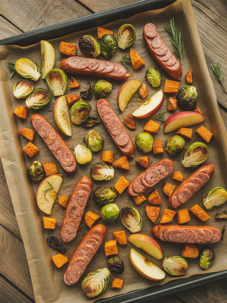 Sheet pan with roasted sausage, Brussels sprouts, sweet potatoes and apple slices