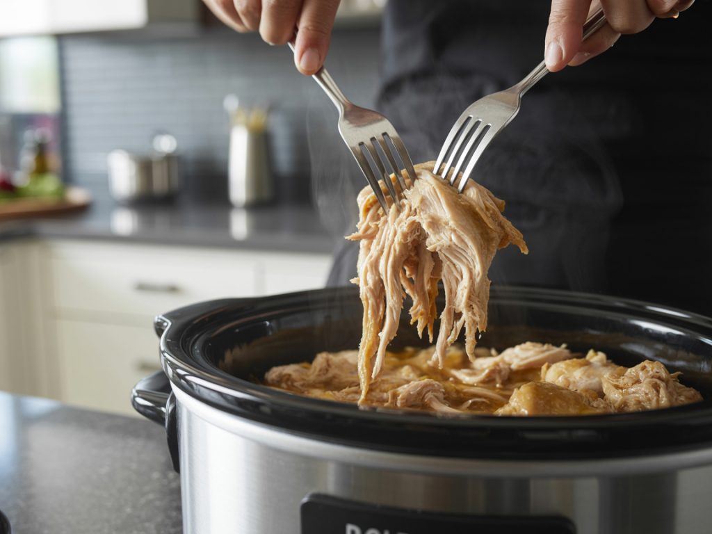 Tender shredded chicken pulled apart with forks in slow cooker