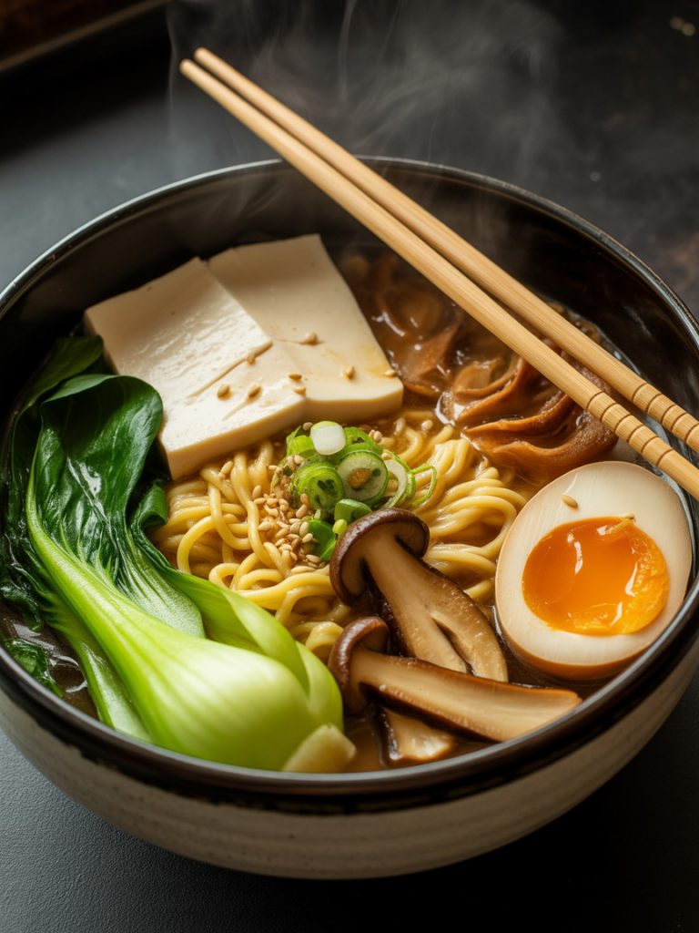 Quick vegan ramen with vegetables, tofu, and Asian toppings