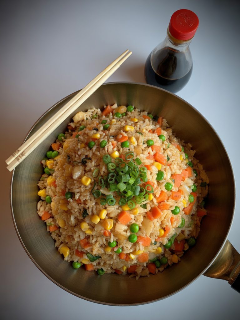 Simple vegan fried rice with mixed vegetables and soy sauce
