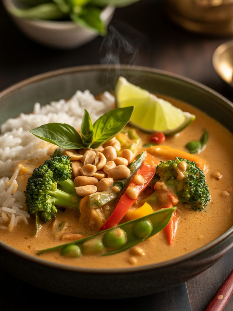 Easy vegan Thai peanut curry with mixed vegetables over rice