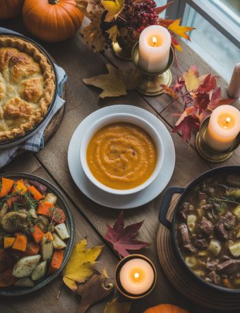 Assortment of fall dinner recipes including butternut squash soup, pot pie, and roasted vegetables on rustic wooden table with autumn leaves
