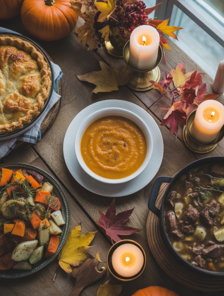Assortment of fall dinner recipes including butternut squash soup, pot pie, and roasted vegetables on rustic wooden table with autumn leaves