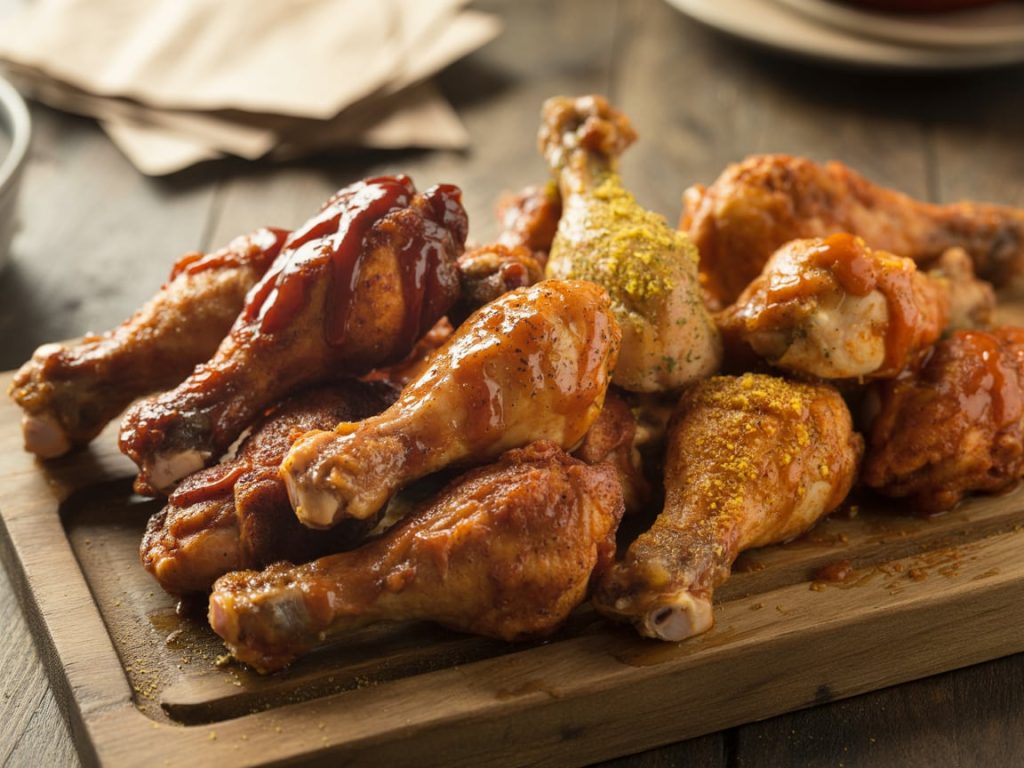 Platter of golden crispy air fryer chicken drumsticks with various seasonings