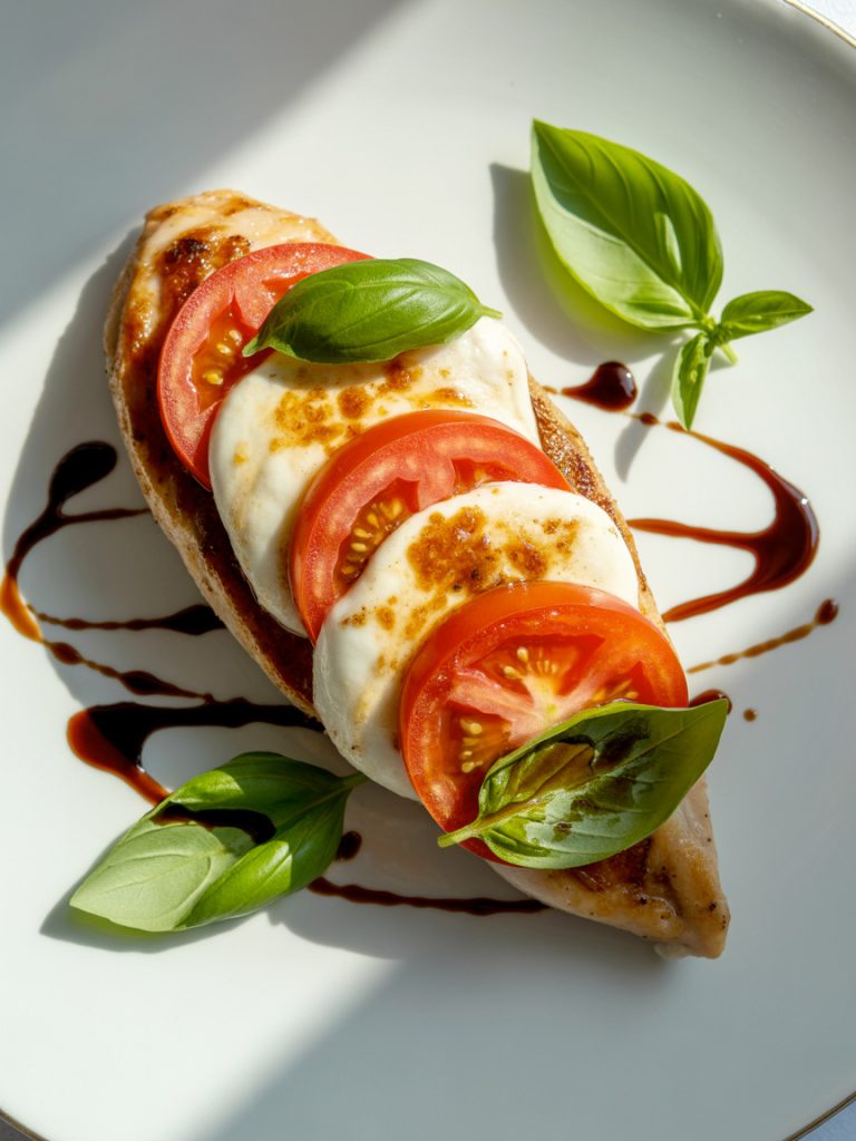 Complete Caprese chicken with melted mozzarella, tomatoes, basil and artistic balsamic glaze drizzle on white plate