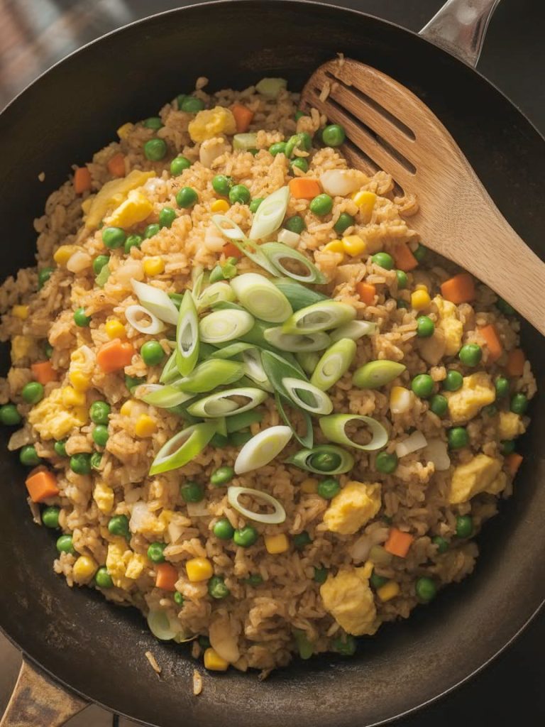 Completed fried rice in wok with golden-brown grains, vegetables, eggs and green onion garnish