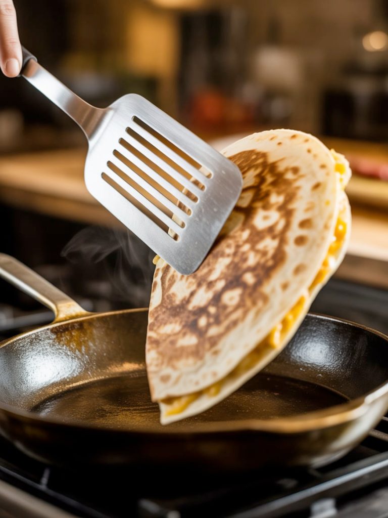 Spatula flipping golden-brown quesadilla in skillet showing crispy cooked side mid-flip
