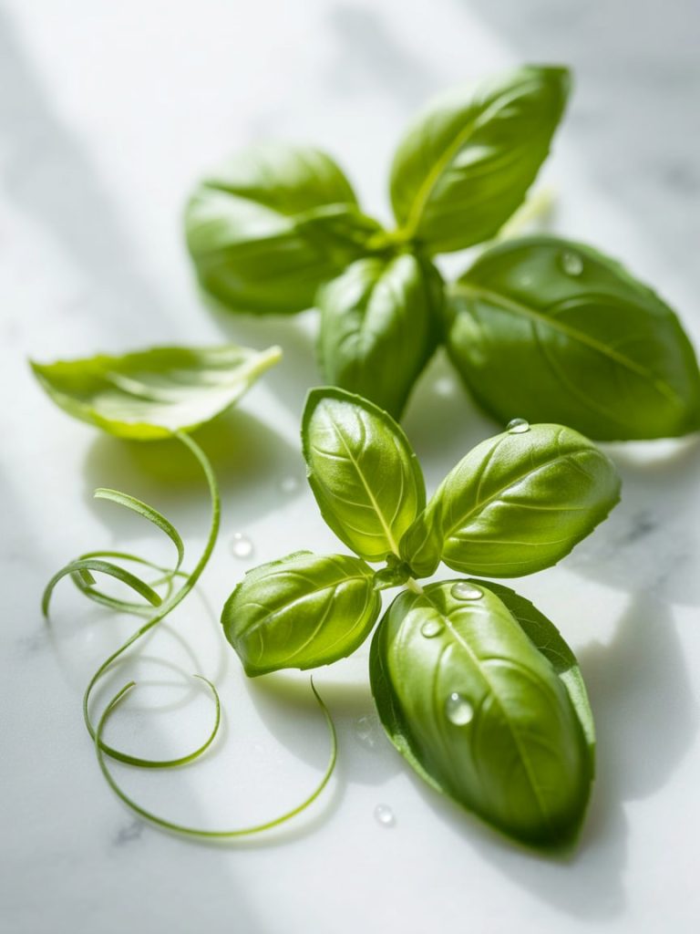 Close-up of fresh green basil leaves with visible texture and water droplets showing freshness