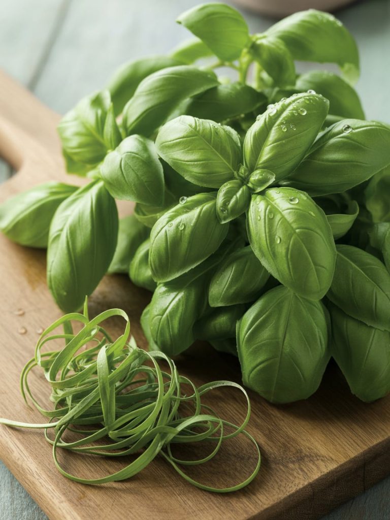 Fresh basil bunch with vibrant green leaves whole and chiffonade-cut showing herb preparation