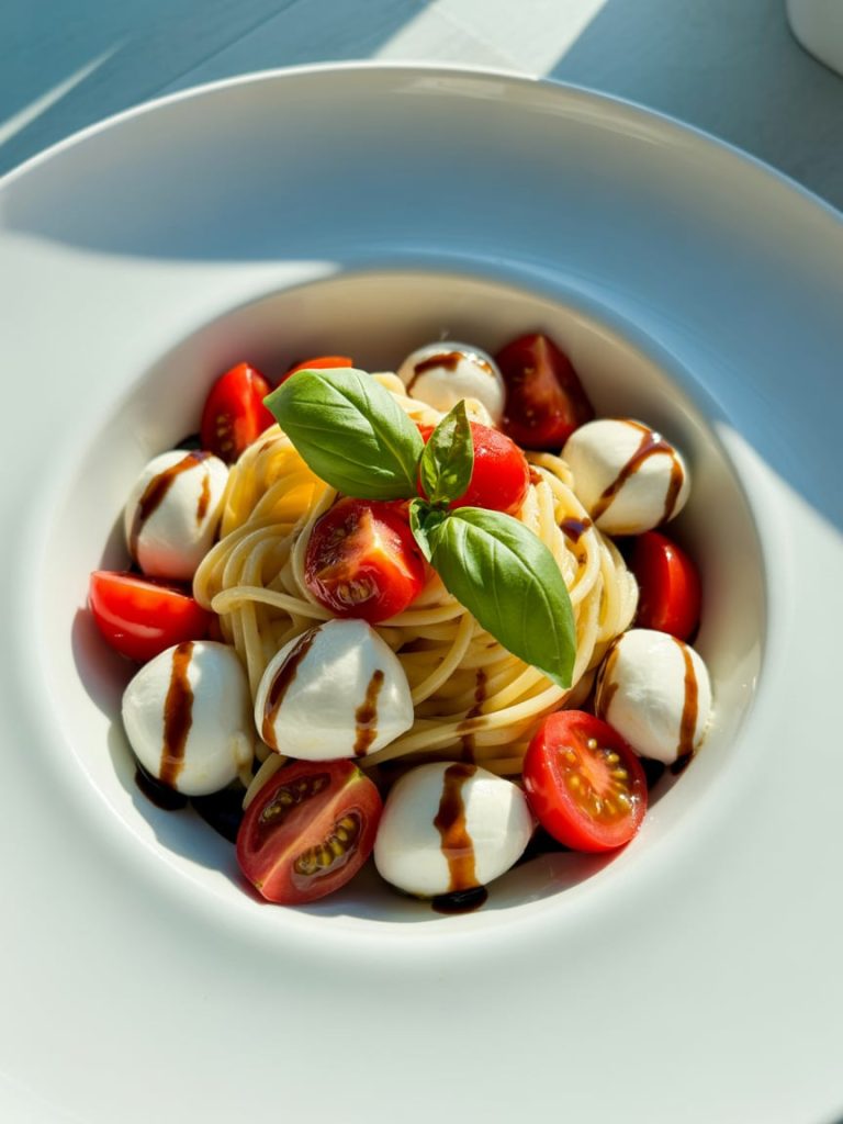 Caprese pasta with fresh mozzarella, tomatoes, basil, and balsamic glaze in white bowl