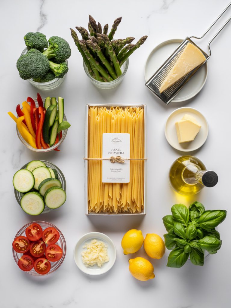 Organized flat lay of pasta primavera ingredients including pasta, colorful vegetables, olive oil, butter and fresh herbs