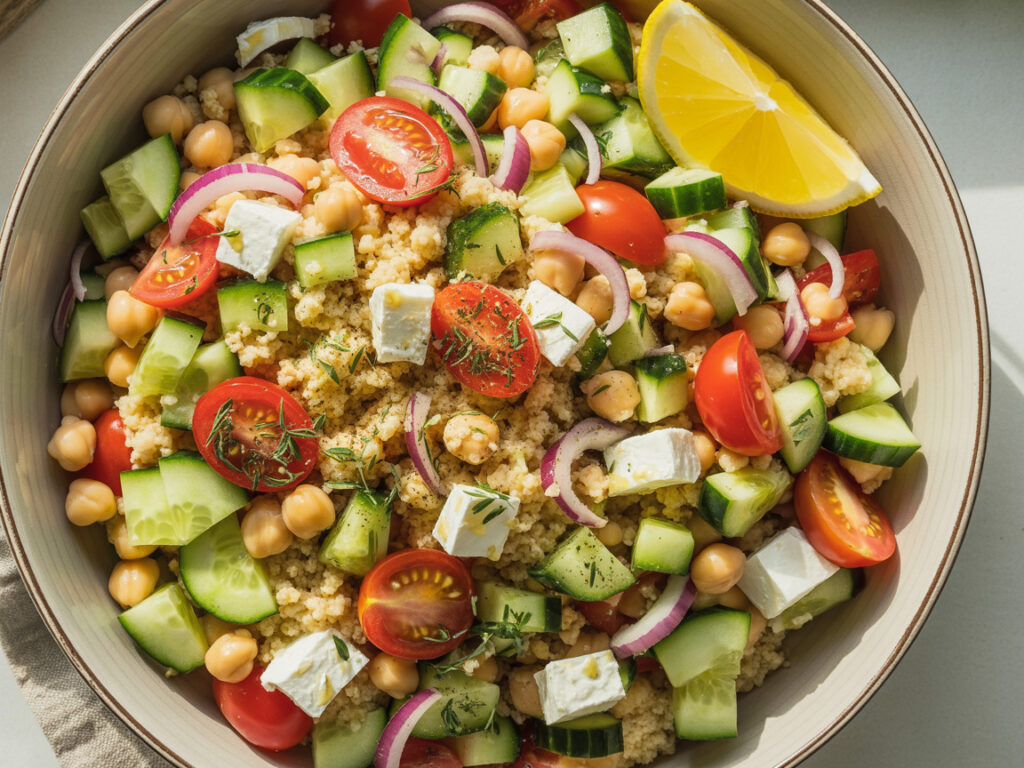 Mediterranean couscous bowl with cucumbers, tomatoes, chickpeas, feta cheese, and lemon dressing