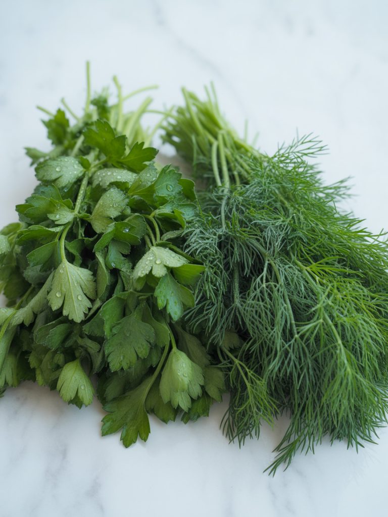 Fresh bunches of bright green parsley and feathery dill herbs showing texture differences