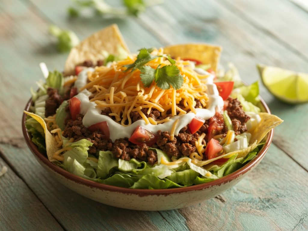 Colorful taco salad with seasoned ground beef, fresh vegetables, cheese and tortilla chips