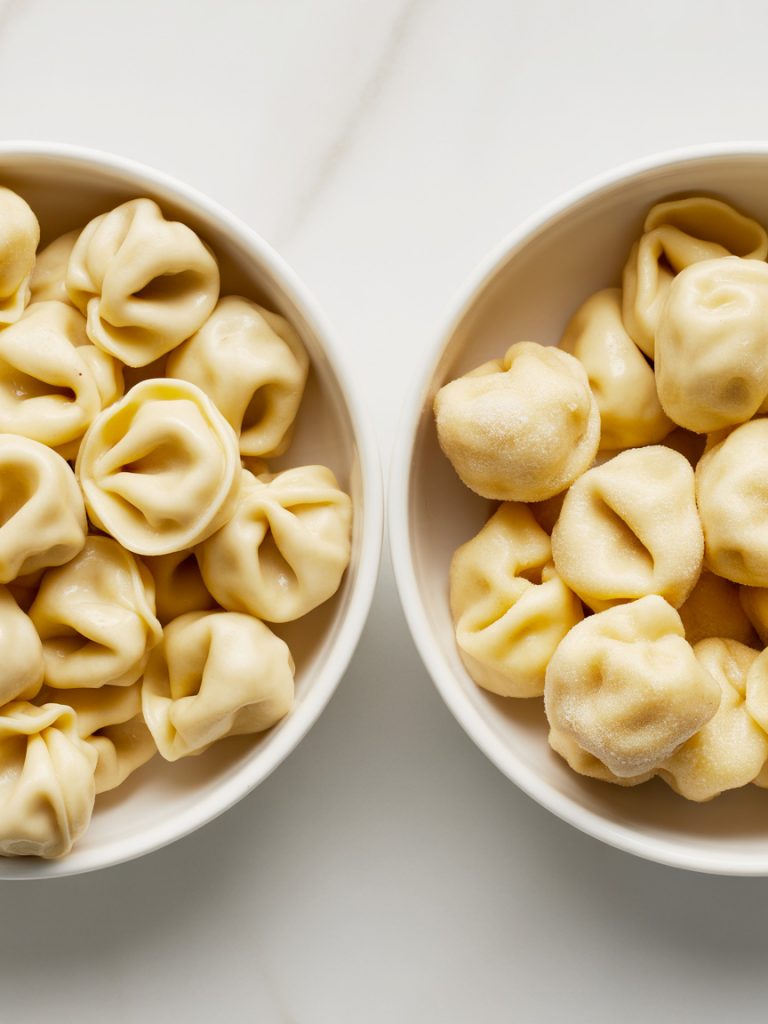 Two bowls showing fresh refrigerated tortellini and frozen tortellini side-by-side comparison