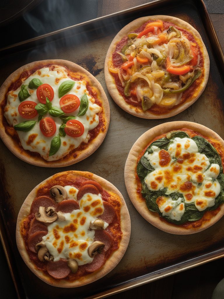 Four freshly baked pita pizzas with golden edges, melted cheese and various toppings on baking sheet