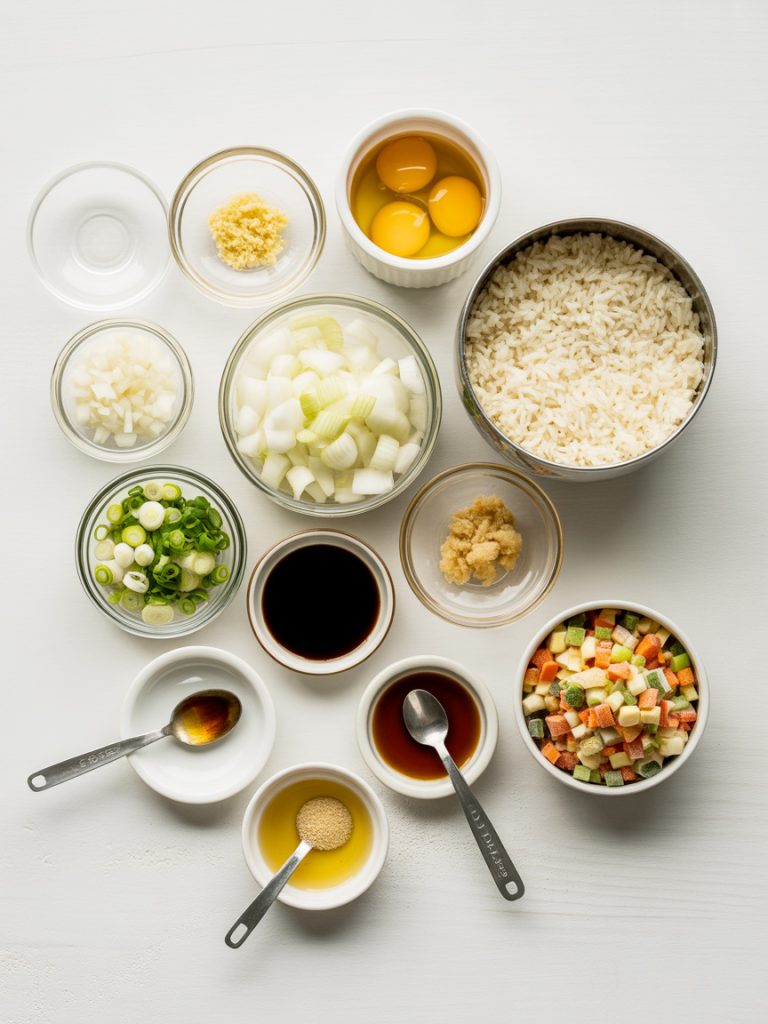 Organized mise en place with all fried rice ingredients prepped in separate bowls ready for cooking