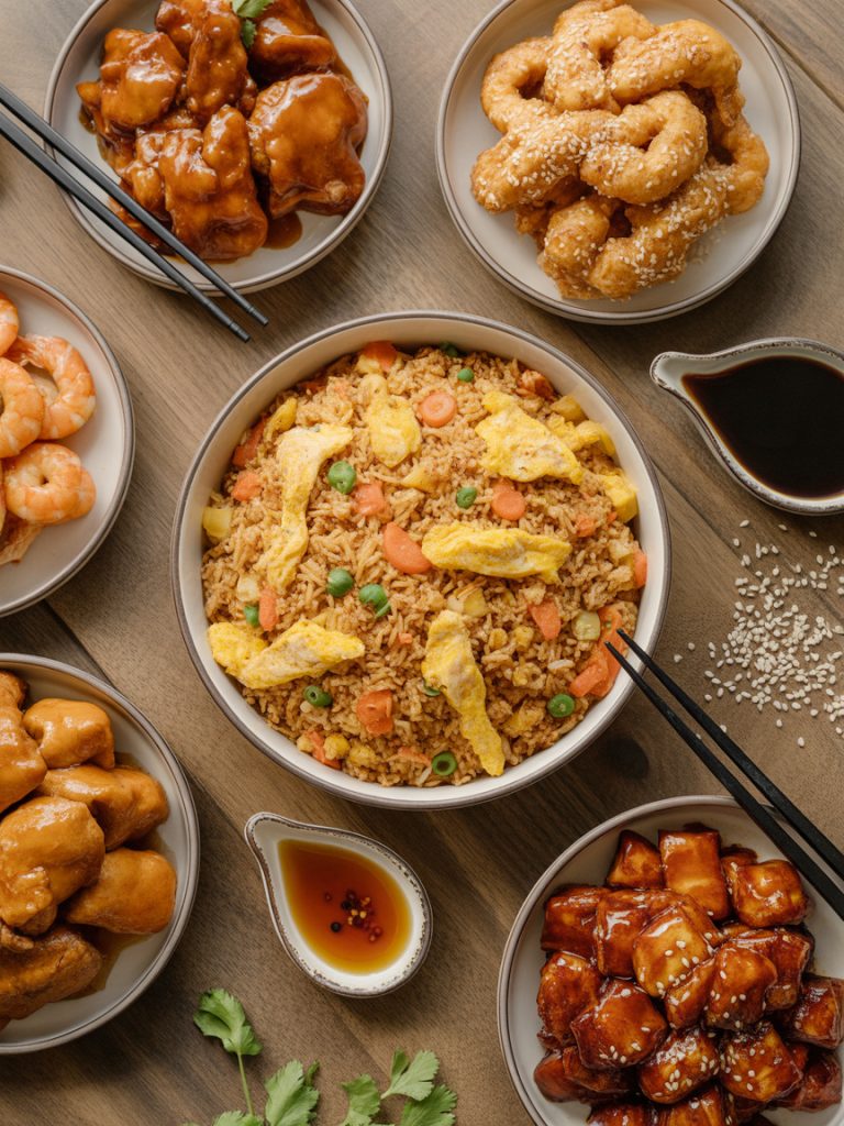 Fried rice surrounded by Asian dishes including orange chicken and shrimp on wooden table