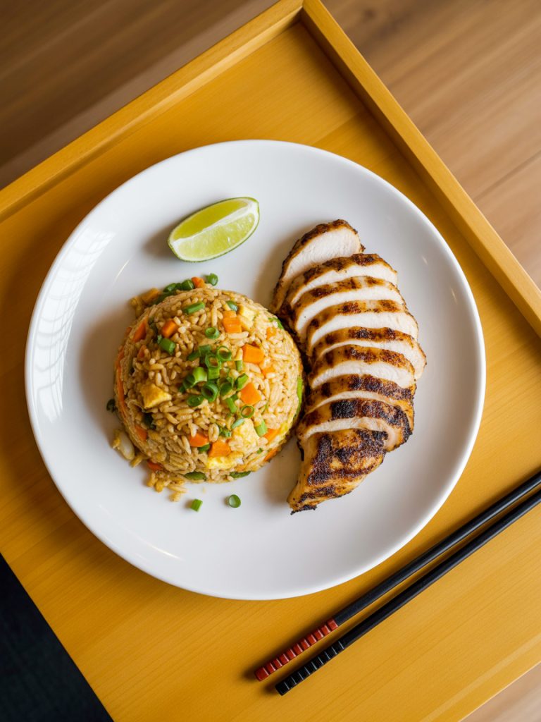 White plate with fried rice and sliced grilled chicken breast as complete dinner with chopsticks
