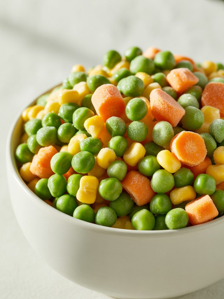 Bowl of colorful frozen mixed vegetables including peas, carrots and corn for fried rice