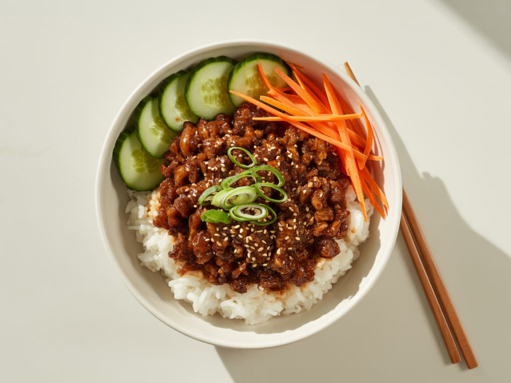 Complete Korean beef bowl with rice, glazed ground beef, sesame seeds, green onions, carrots and cucumber in white bowl