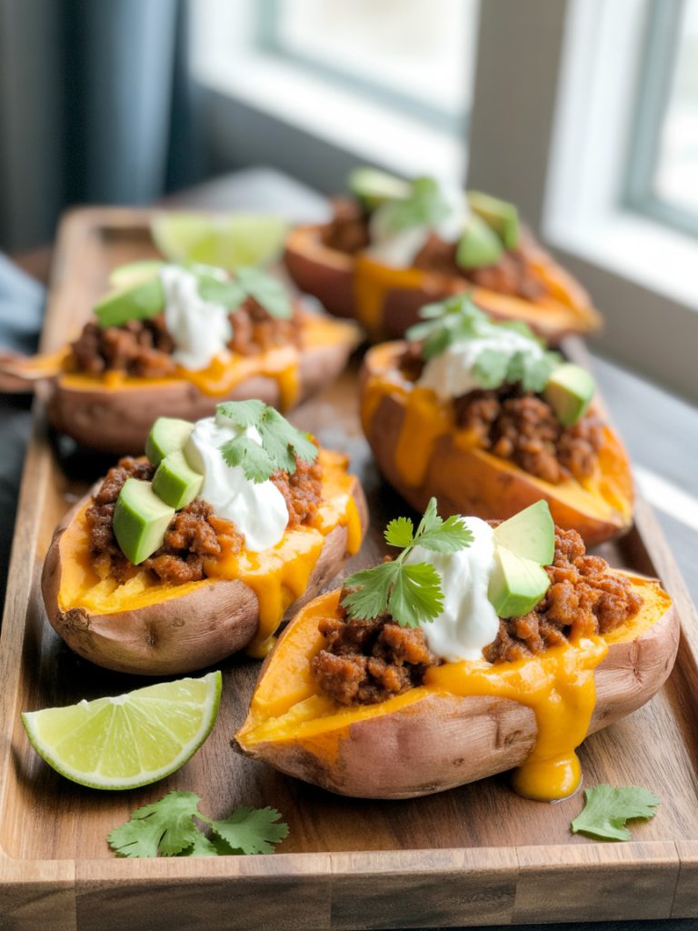 Four completed taco stuffed sweet potatoes with melted cheese, sour cream, diced avocado, cilantro, and lime wedges on serving platter