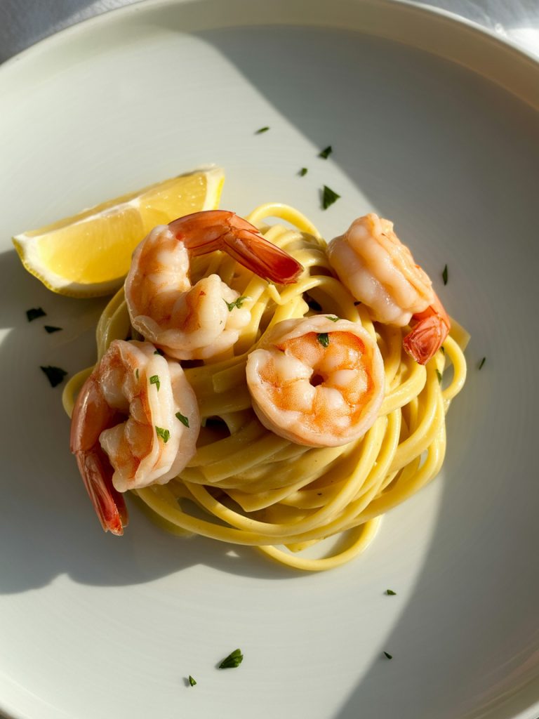 Linguine pasta with garlic butter shrimp, lemon wedge, and fresh herbs on white plate