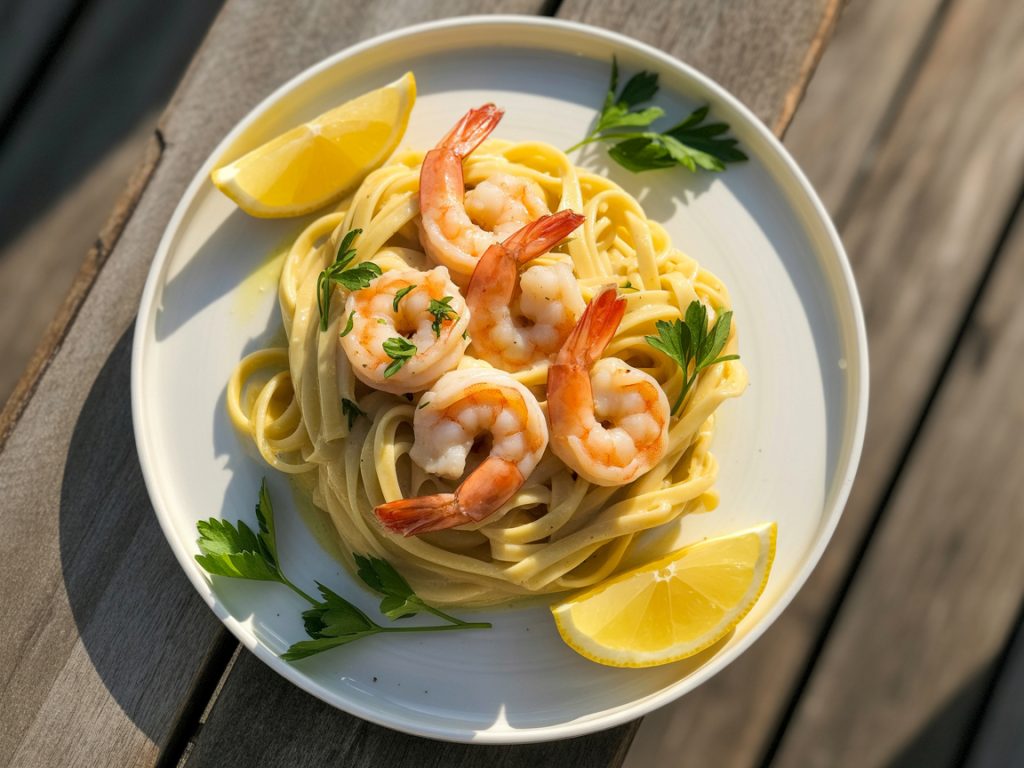 Elegant plate of garlic butter shrimp pasta with pink shrimp, buttery linguine, fresh parsley and lemon wedges on white plate