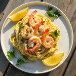 Elegant plate of garlic butter shrimp pasta with pink shrimp, buttery linguine, fresh parsley and lemon wedges on white plate