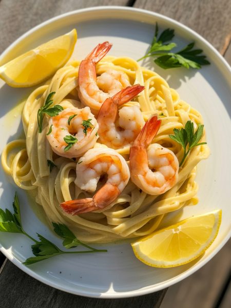 Elegant plate of garlic butter shrimp pasta with pink shrimp, buttery linguine, fresh parsley and lemon wedges on white plate