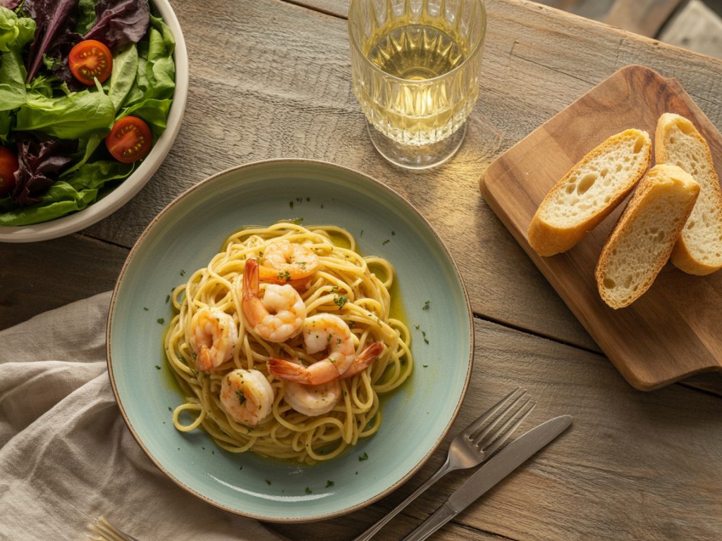 Complete Italian meal with shrimp pasta, fresh salad, garlic bread and white wine on wooden table